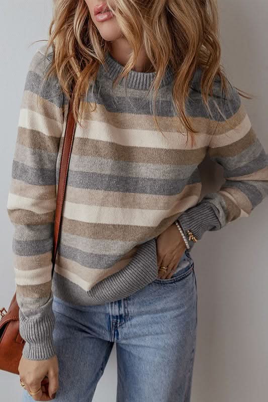 Women Color Block Ribbed Edge Round Neck Sweater - Love Salve